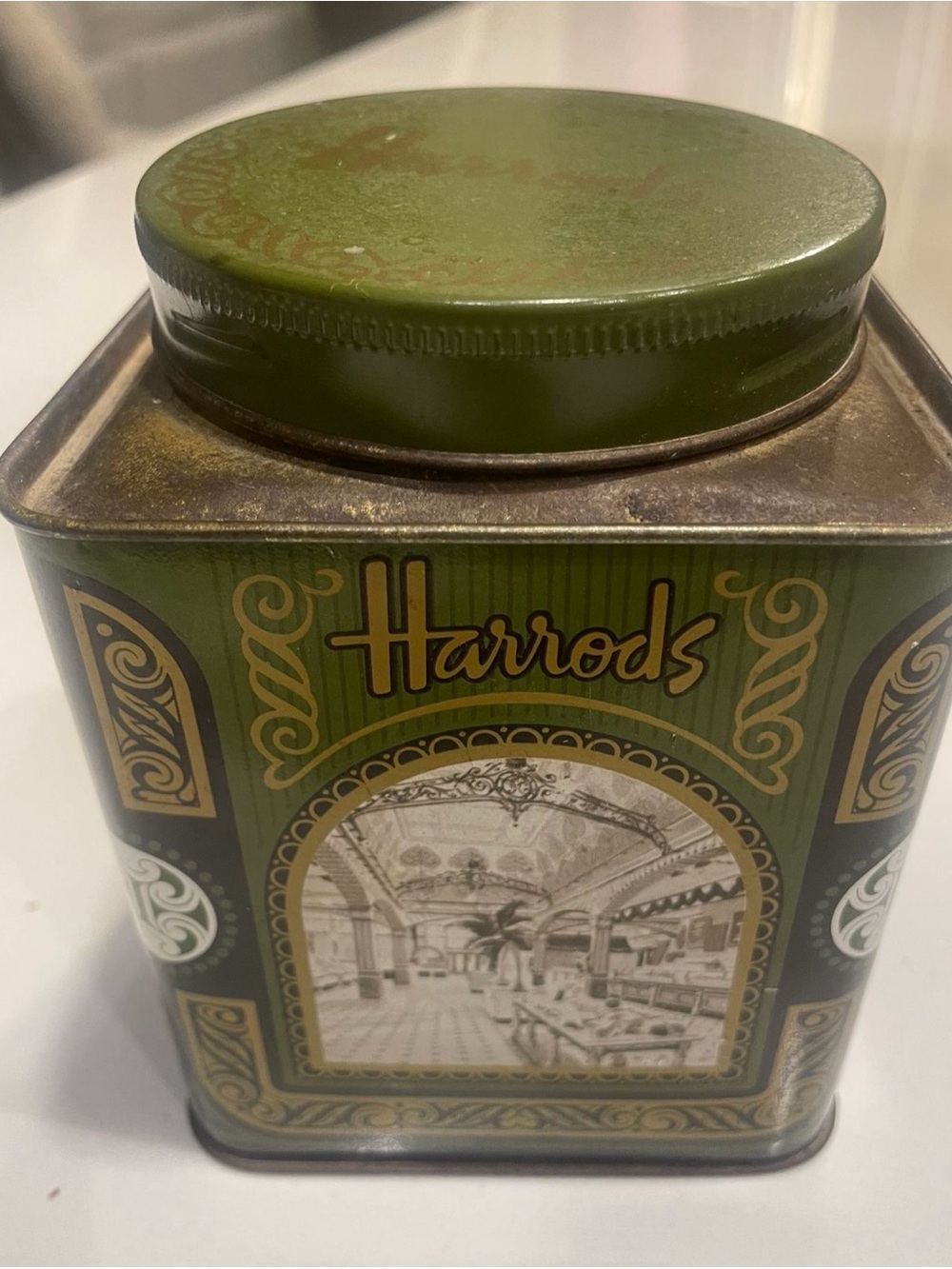 Harrods Olive Green Decorative Tea Tin with Gold Accents